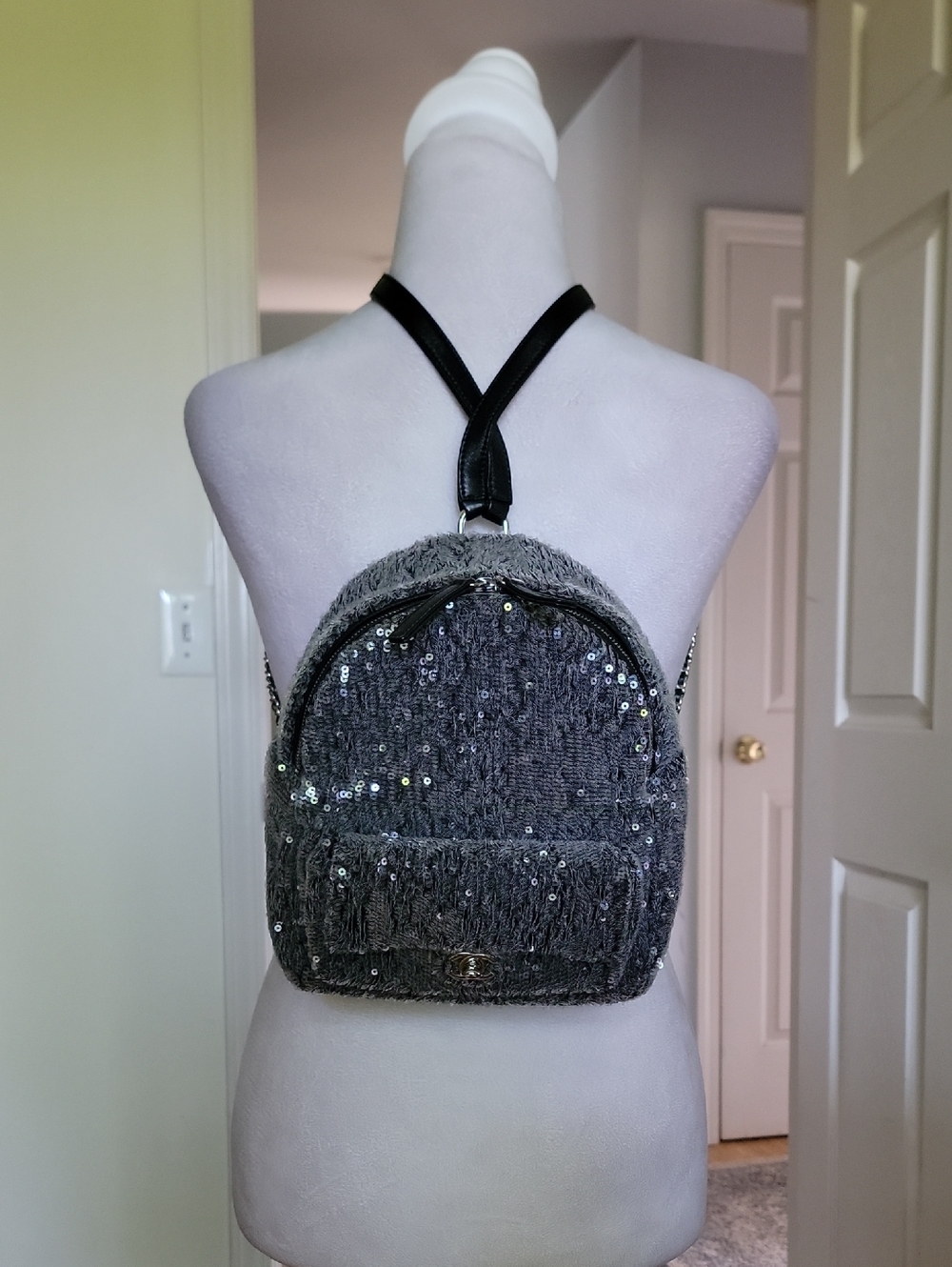 CHANEL Charcoal Sequin Waterfall Quilted Mini Backpack